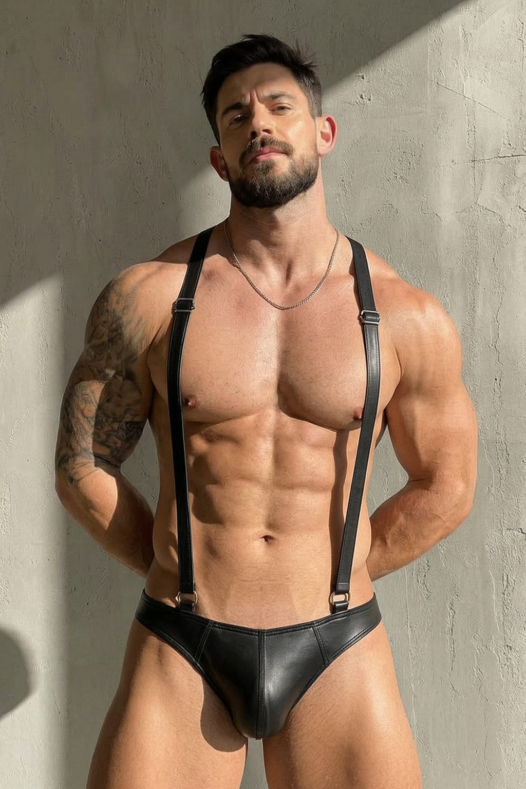 Mysteryglove Men's After Dark PU Leather Suspender Brief with Cross-Back Straps
