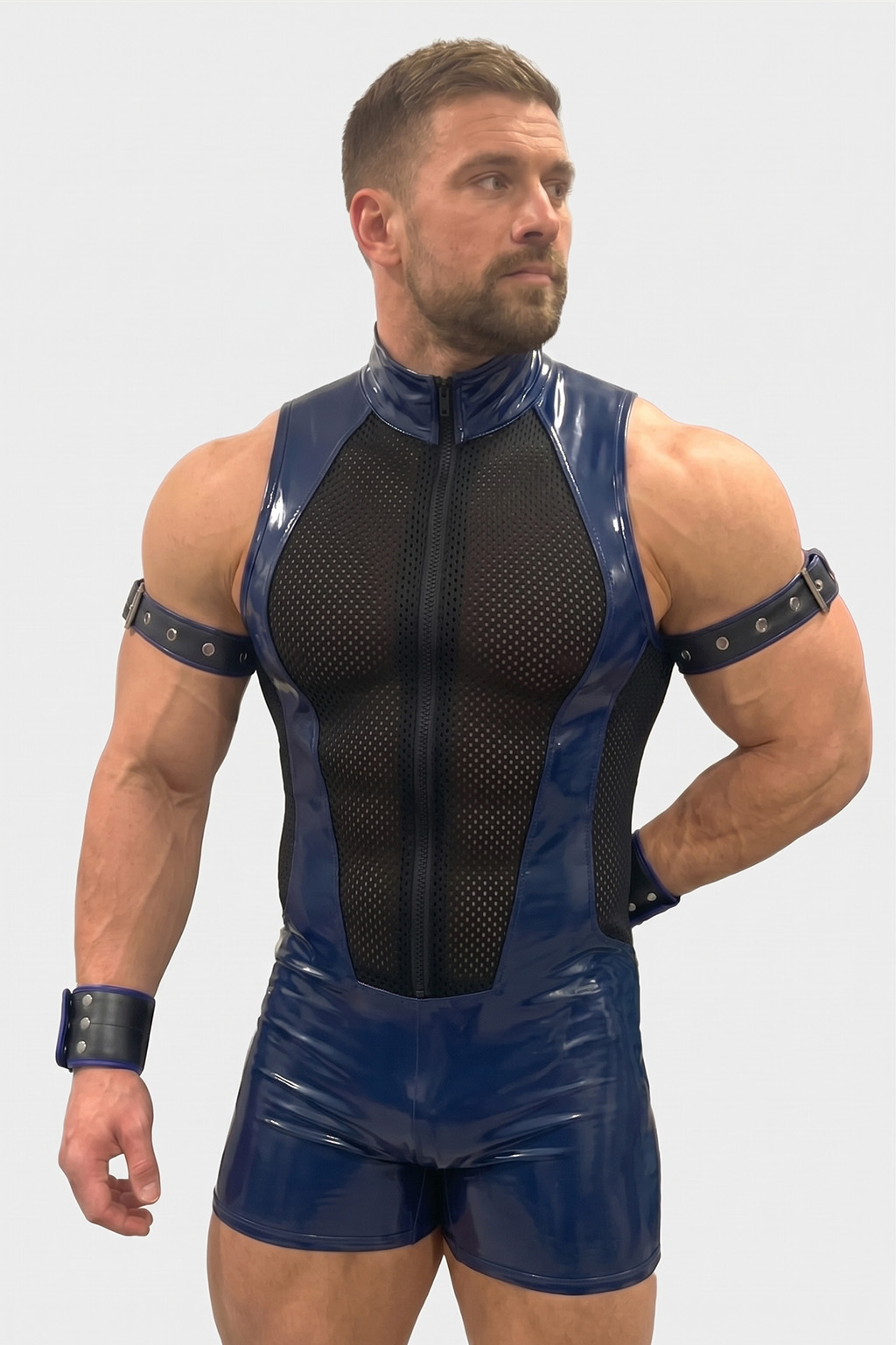Mysteryglove Men's Midnight Blue Power Mesh Zip-Front Romper
