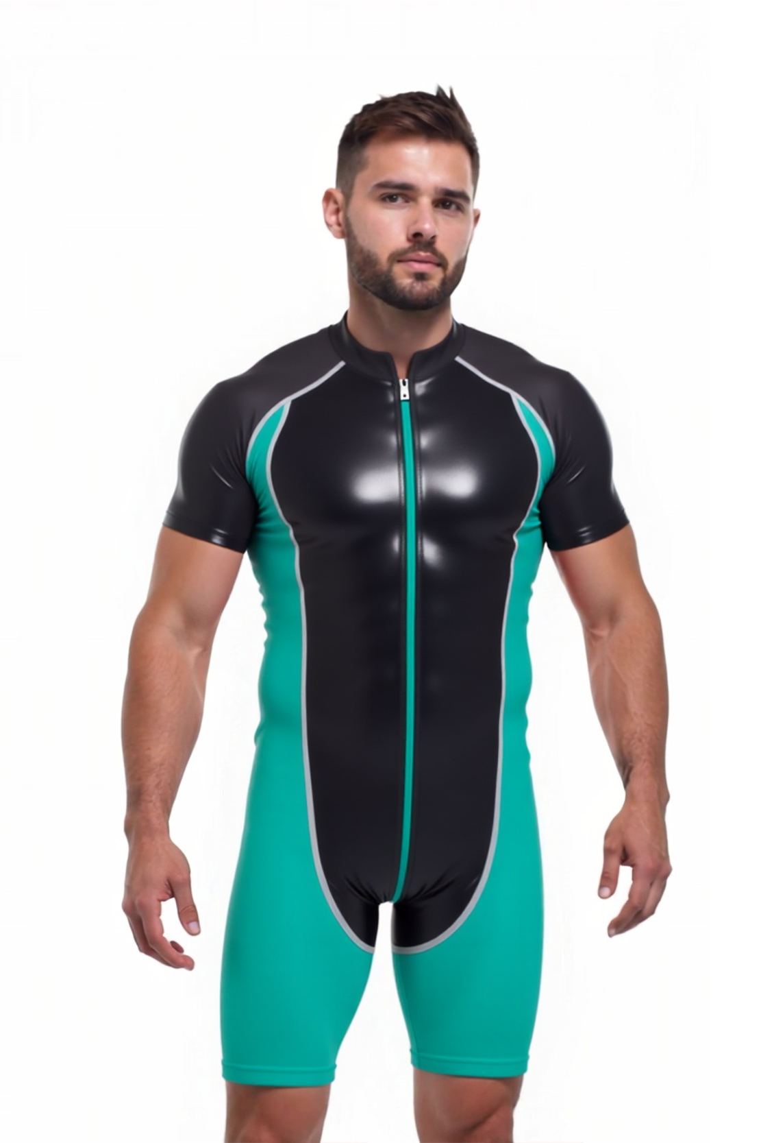 Mysteryglove Black and Red PU Leather Wrestling Suit - Glossy Finish with Zipper Design