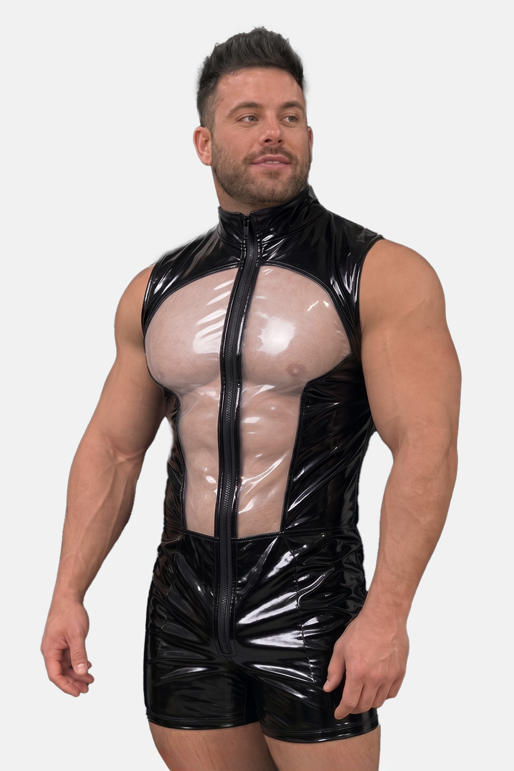 Mysteryglove Men's Blackout Illusion Clear-Panel Zip Romper