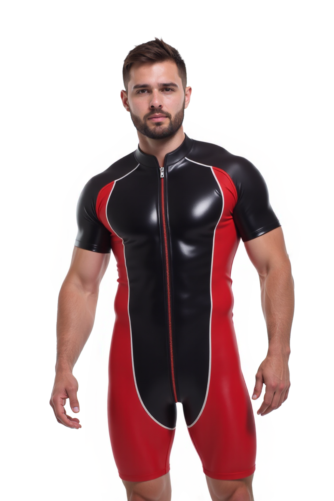Mysteryglove Black and Red PU Leather Wrestling Suit - Glossy Finish with Zipper Design