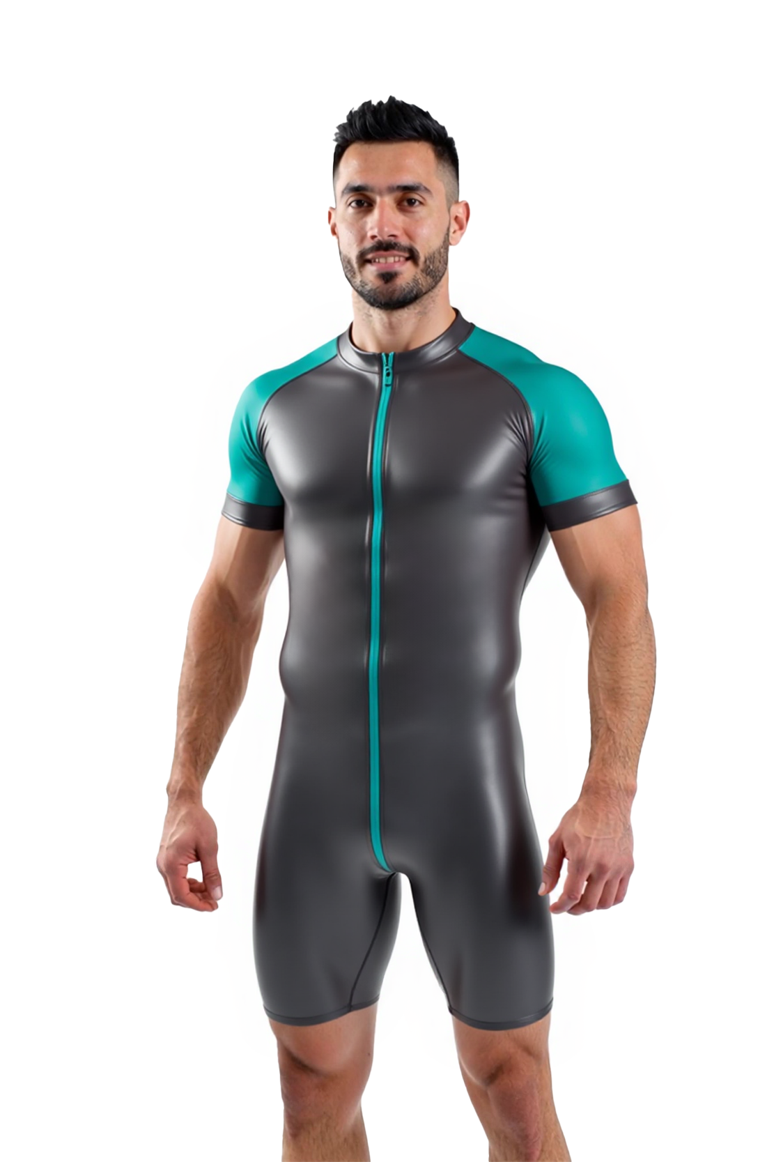 Mysteryglove Black and Gray PU Leather Bodysuit - Shiny Two-Tone Performance Gear