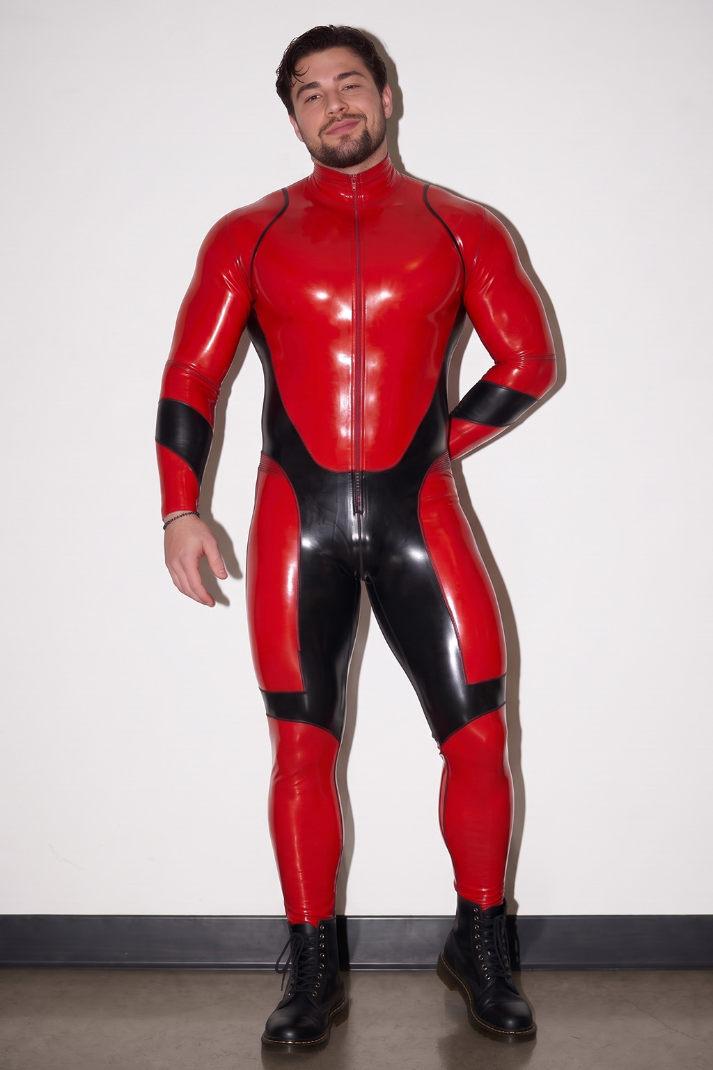 Mysteryglove Men's Redline Red & Black Gloss PU Leather Full-Body Catsuit