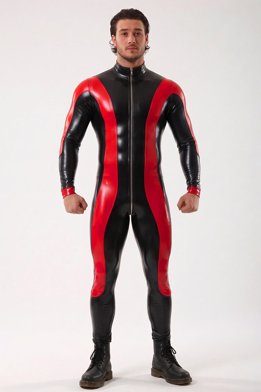 Mysteryglove Men's Red V-Contour Glossy PU Leather Full-Body Catsuit