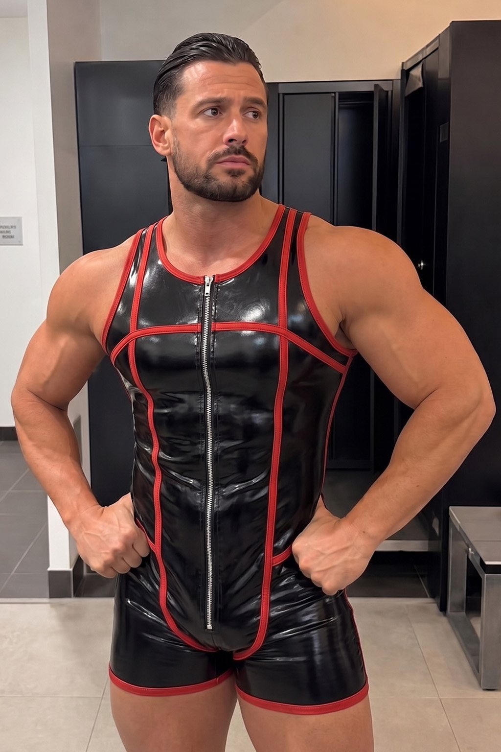 Mysteryglove Men's Black & Red PU Leather Open-Seat Romper with Front Zip