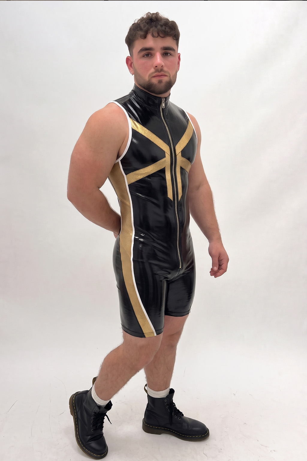 Mysteryglove Men's Black & Gold Gloss PU Leather Romper with Geometric Chest Stripes