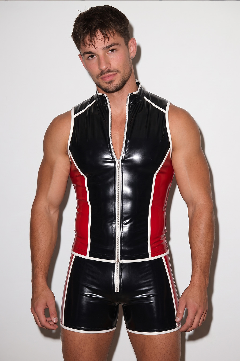 Mysteryglove Men's Redline Rebel Gloss PU Leather Vest and Shorts Set