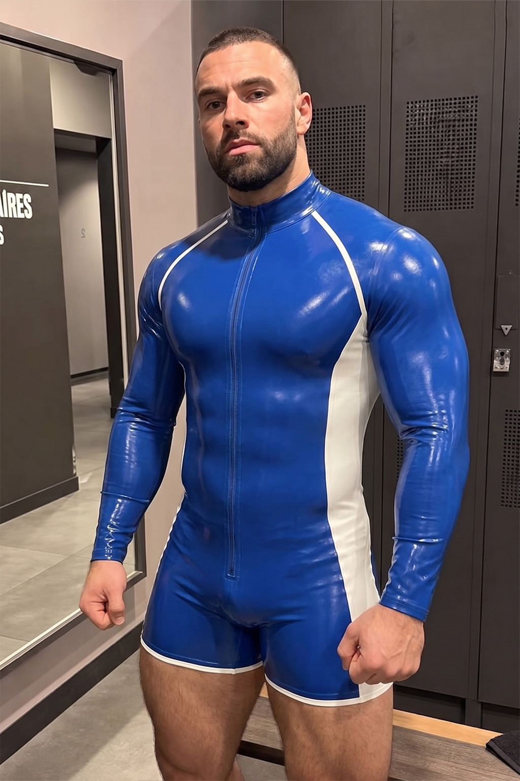 Mysteryglove Men's Electric Blue Gloss PU Leather Full-Body Catsuit with White Contrast Panels