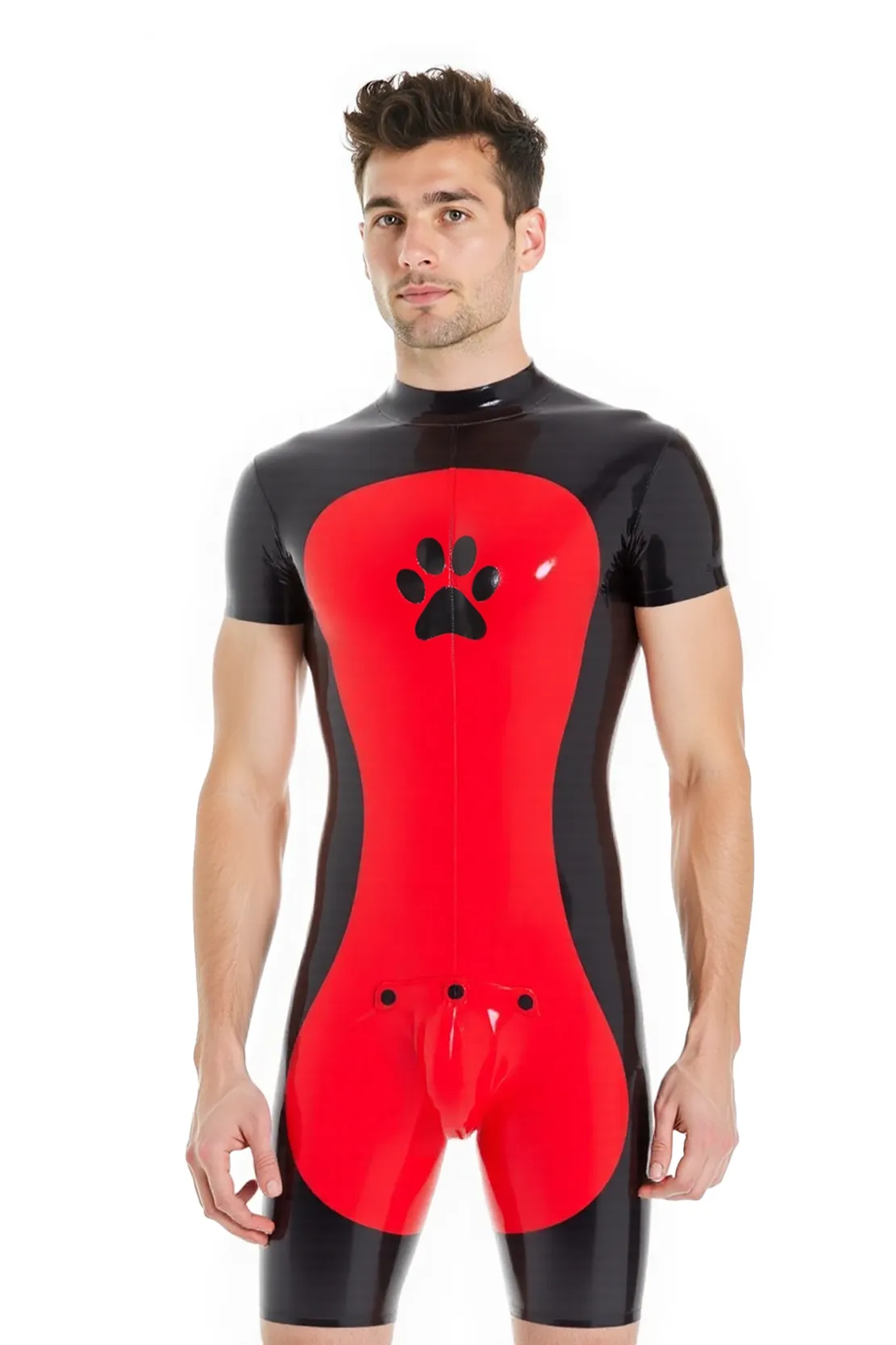 Mysteryglove Men’s PU Leather Short-Sleeve Bodysuit – Black & Red Contrast Style