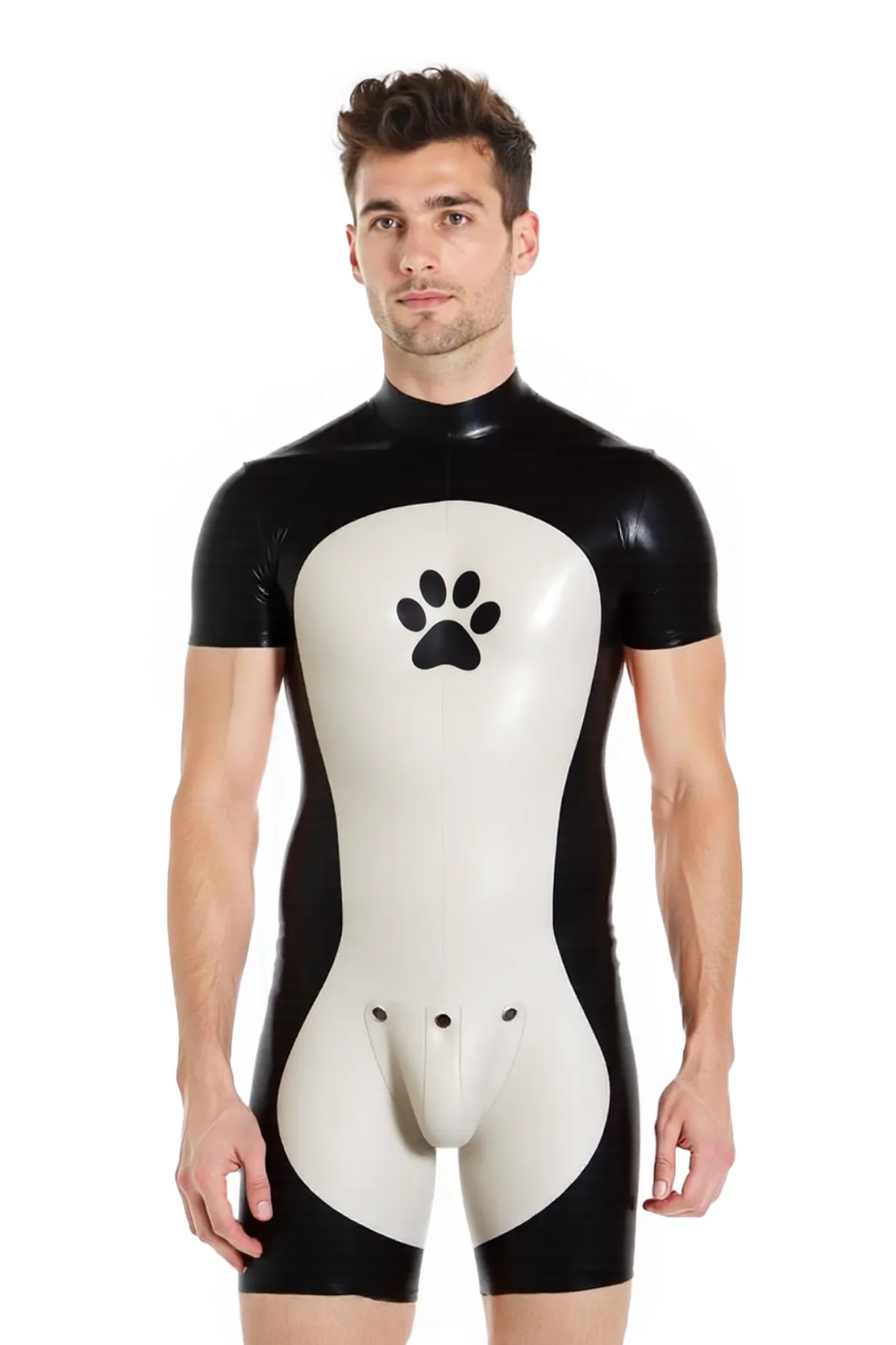 Mysteryglove Men’s PU Leather Short-Sleeve Bodysuit – Black & Red Contrast Style