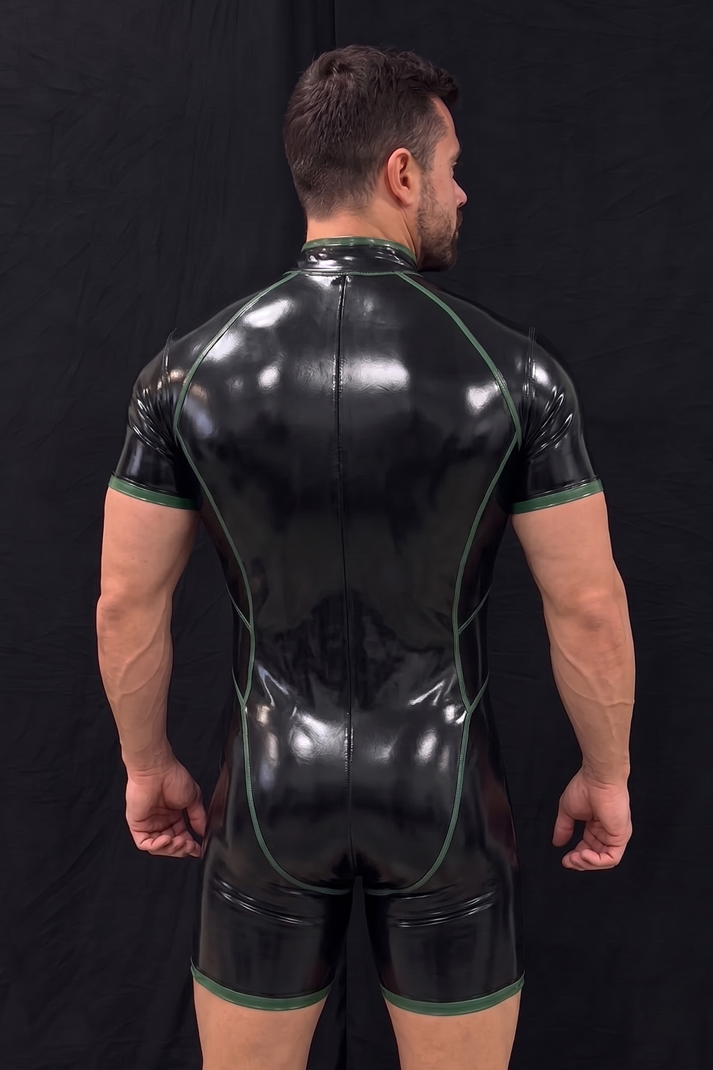 Mysteryglove Men's Midnight Edge Black Gloss PU Leather Romper with Green Trim