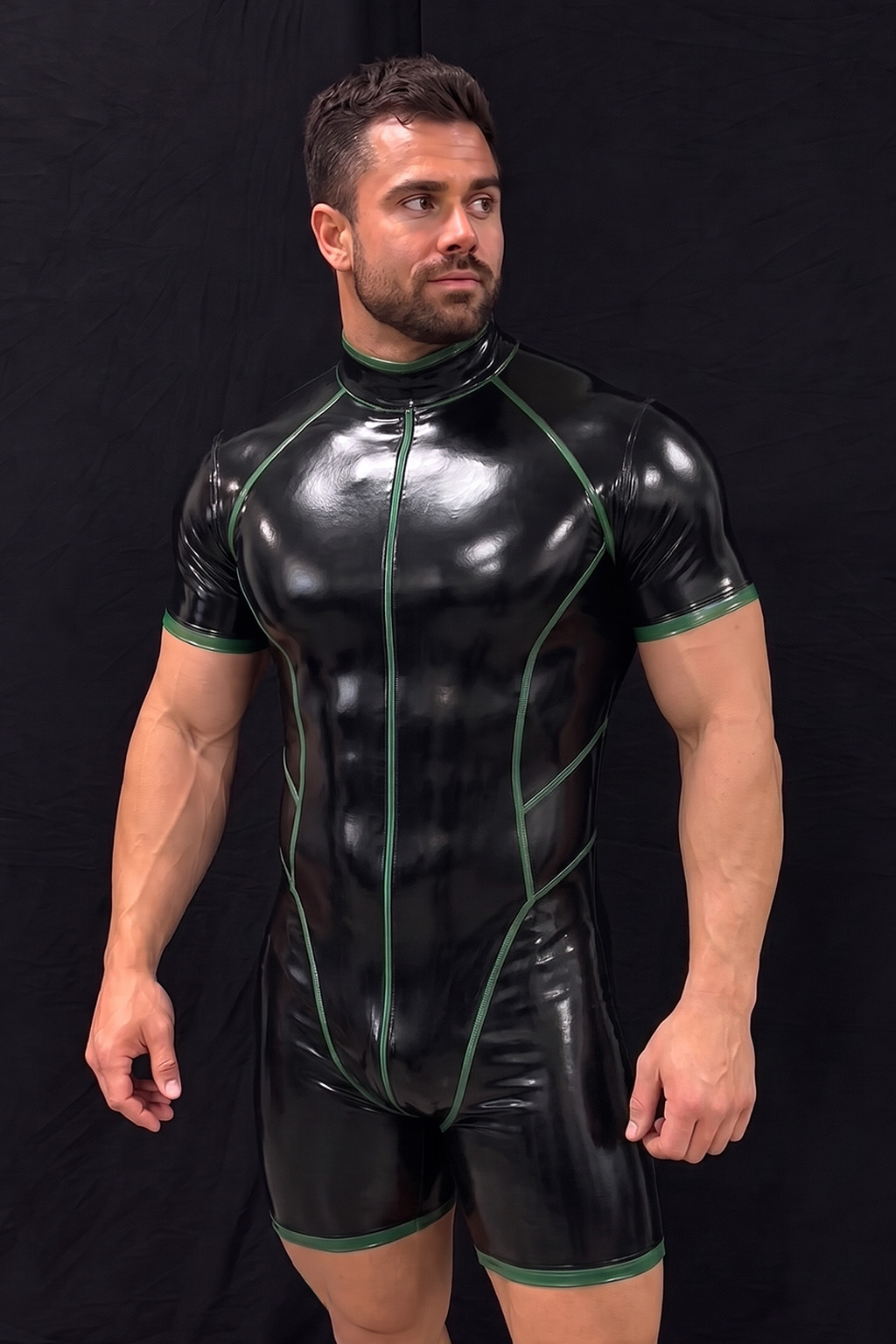 Mysteryglove Men's Midnight Edge Black Gloss PU Leather Romper with Green Trim