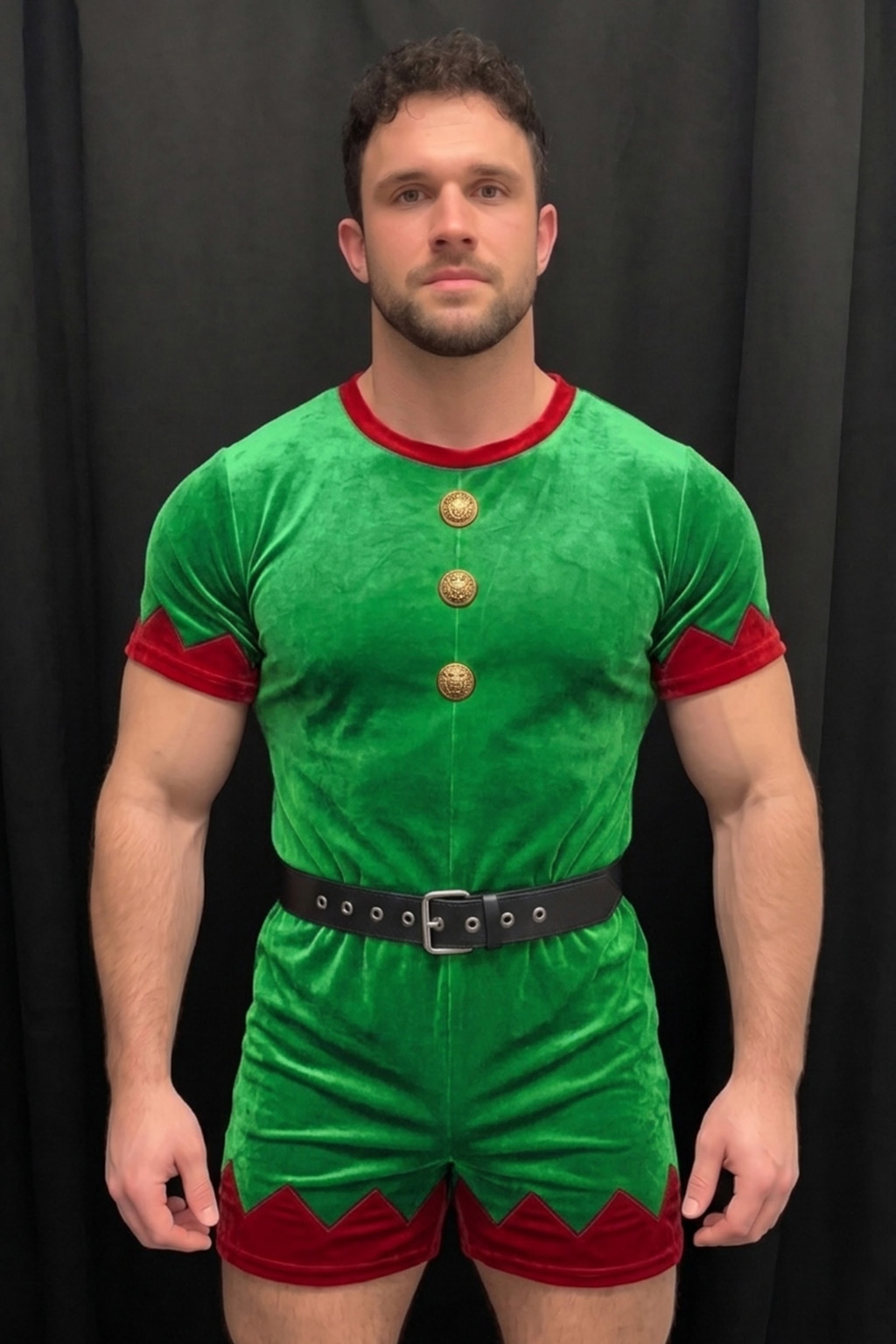 Mysteryglove Men's Christmas Elf Green Velvet Romper with Red Trim and Gold Buttons