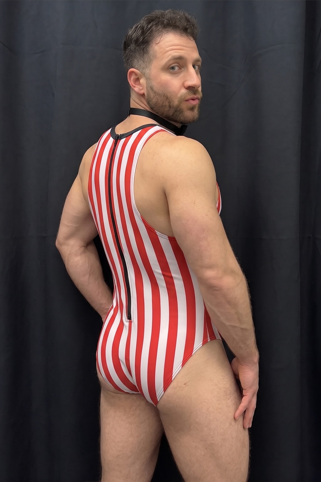 Mysteryglove Men's Red and White Striped Deep V-Neck Bodysuit