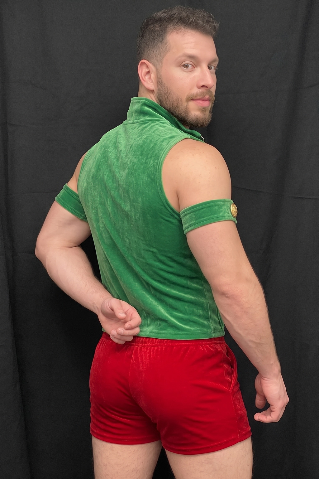 Mysteryglove Men's Green Velvet Elf Vest and Red Shorts Christmas Costume Set
