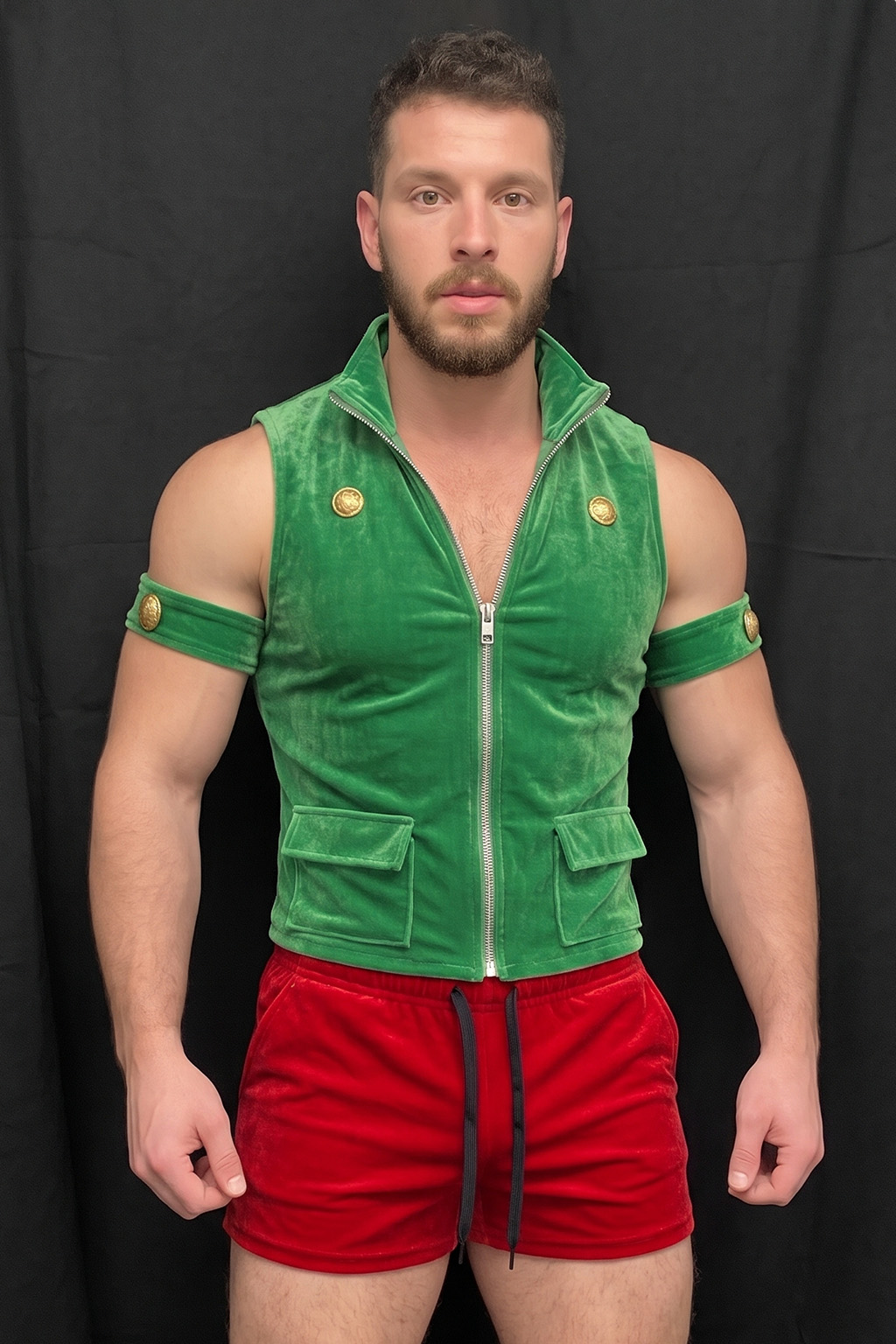 Mysteryglove Men's Green Velvet Elf Vest and Red Shorts Christmas Costume Set