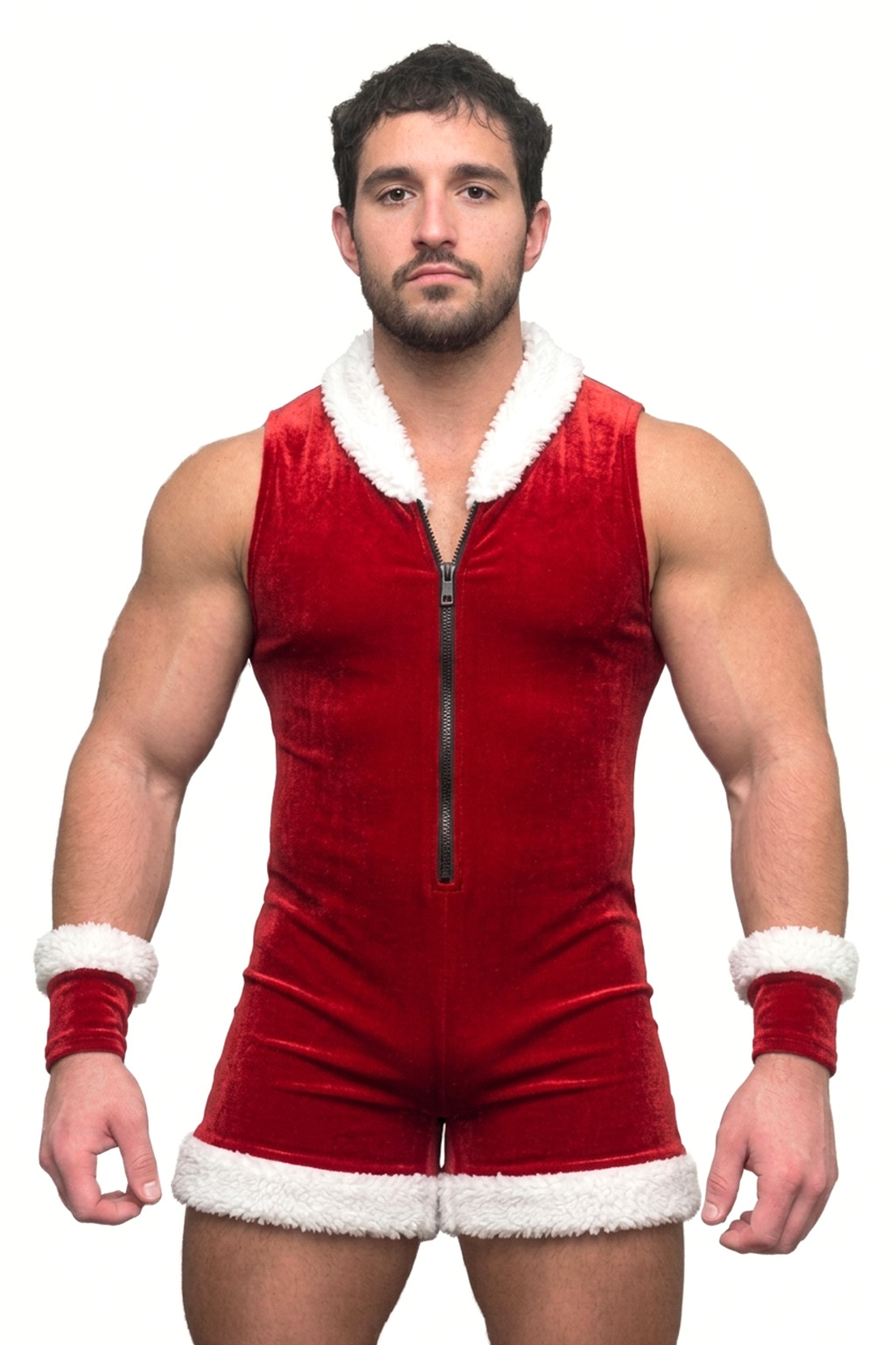 Mysteryglove Men's Red Velvet Santa Romper with White Faux-Fur Trim