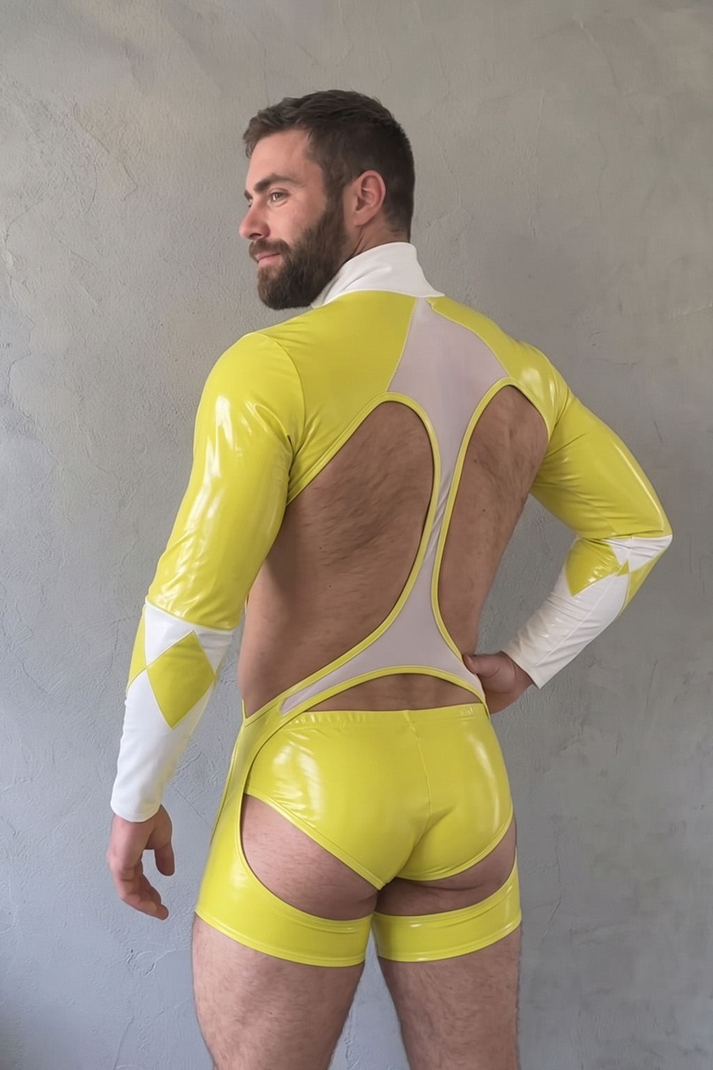 Mysteryglove Men’s PU Leather Cutout Bodysuit – Yellow & White Geometric Long Sleeve Open Chest Design