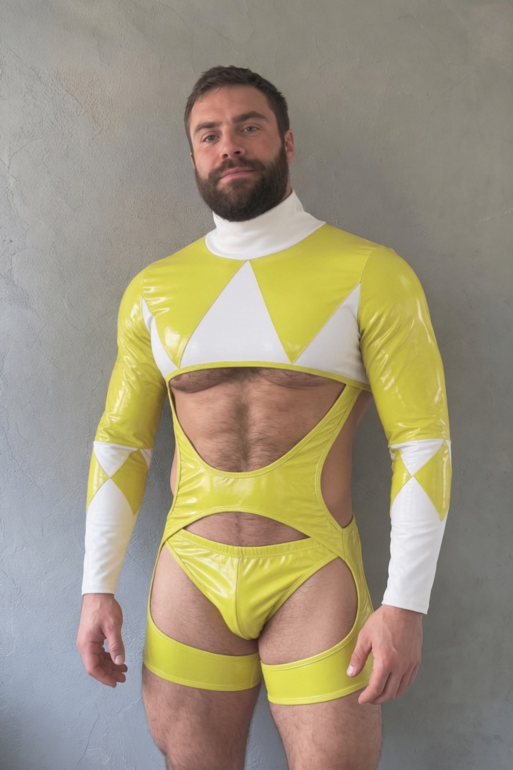 Mysteryglove Men’s PU Leather Cutout Bodysuit – Yellow & White Geometric Long Sleeve Open Chest Design