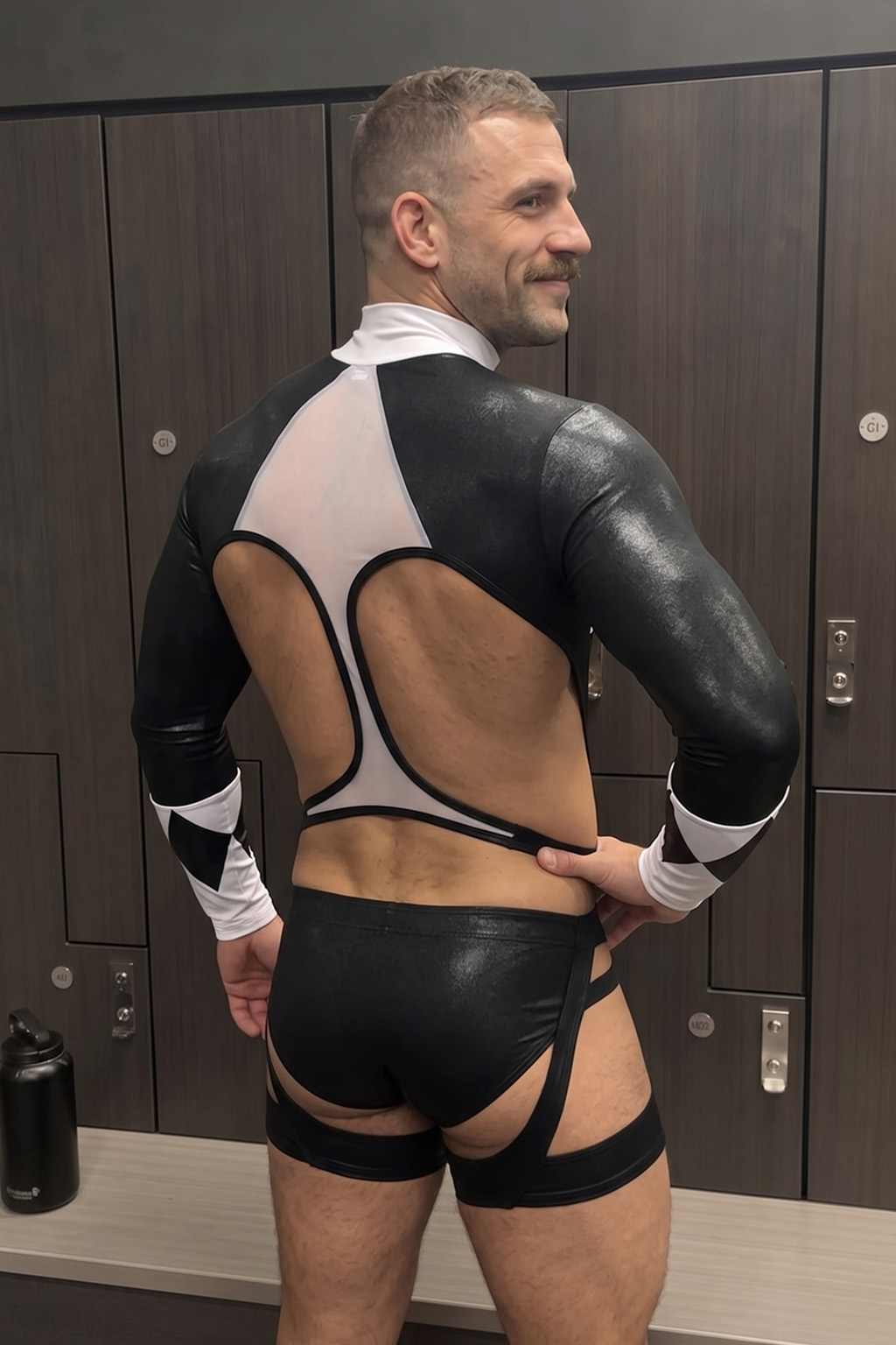 Mysteryglove Men’s PU Leather Cutout Bodysuit – Yellow & White Geometric Long Sleeve Open Chest Design