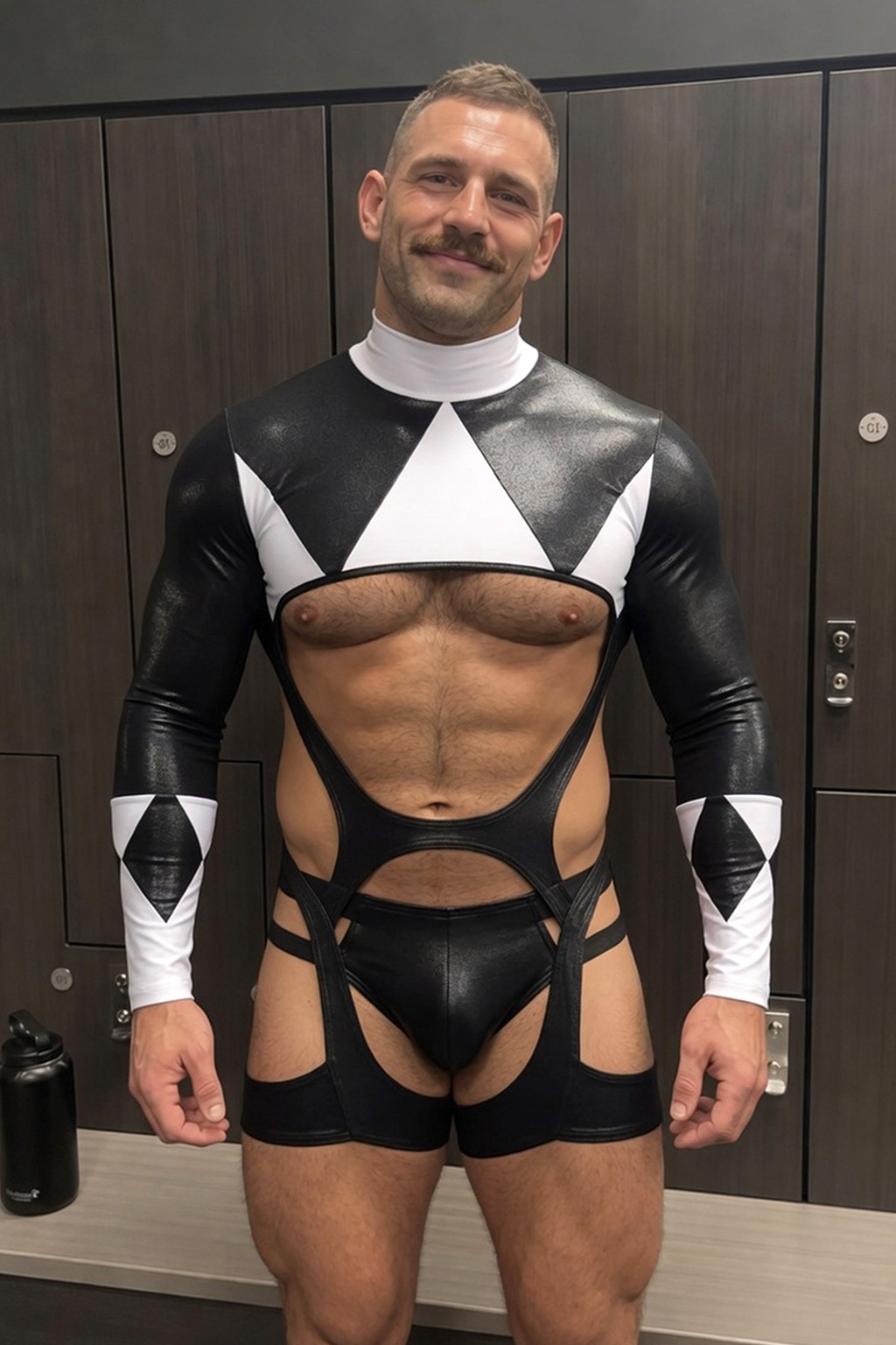 Mysteryglove Men’s PU Leather Cutout Bodysuit – Yellow & White Geometric Long Sleeve Open Chest Design