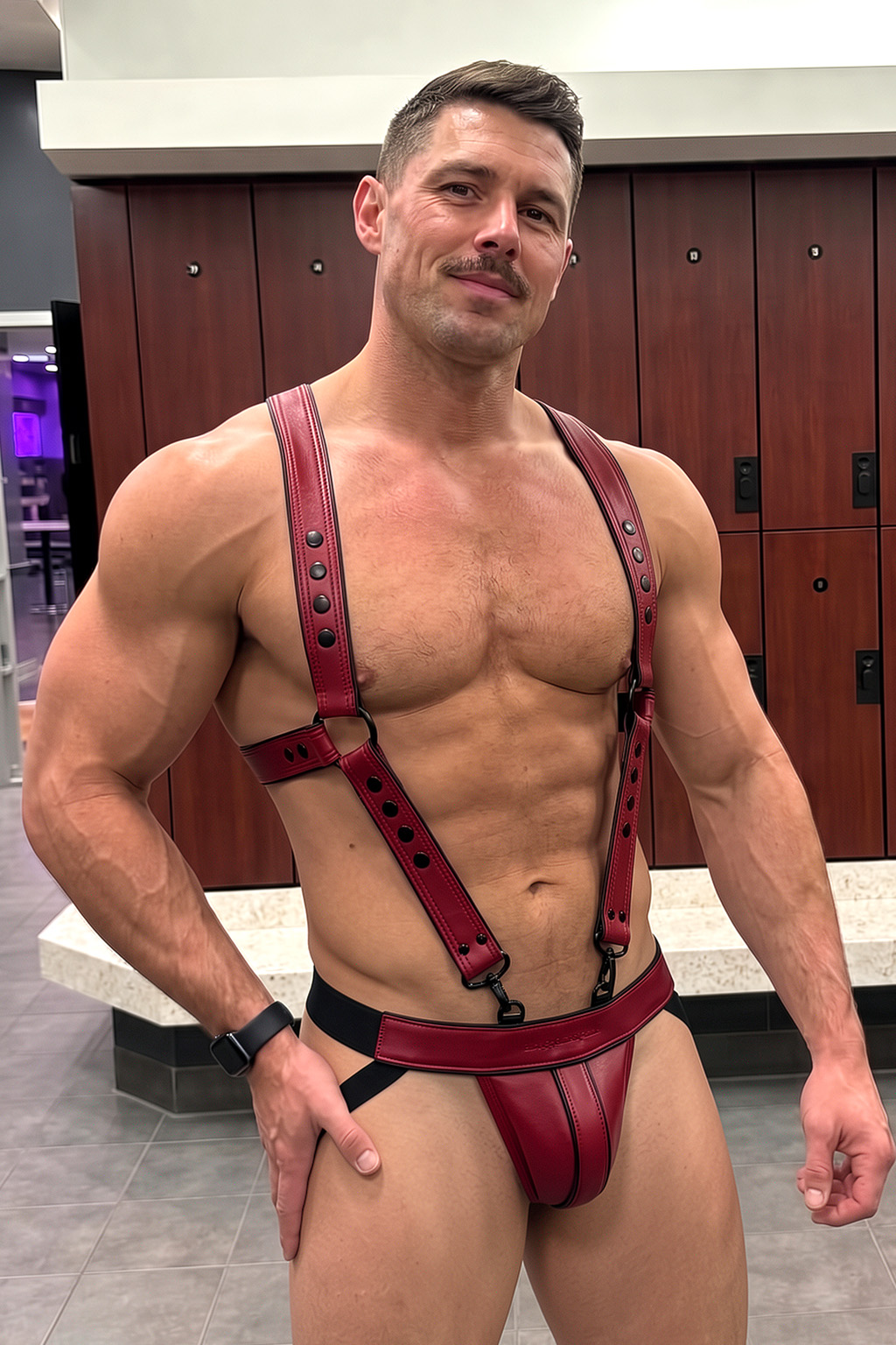 ]Mysteryglove Red PU Leather Harness Jock Set – X-Back Straps with Matching Pouch Thong