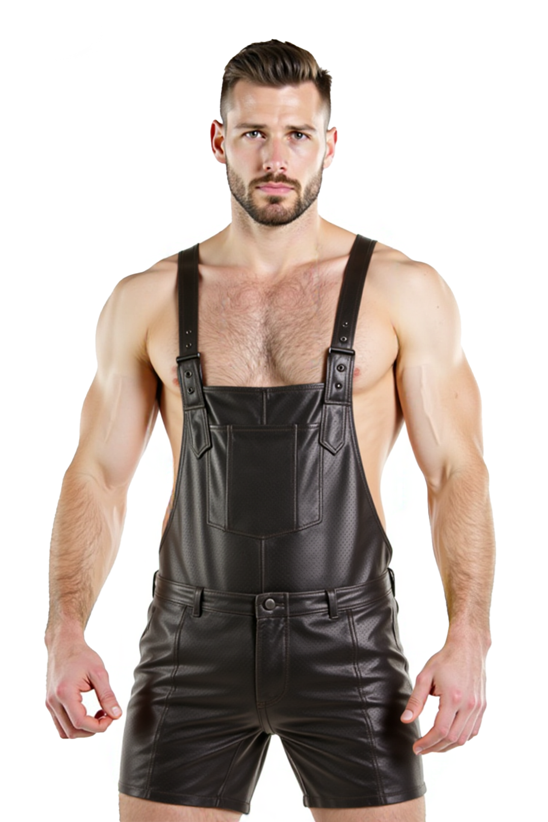 Mysteryglove Men's Brown PU Leather Overalls with Short Pants