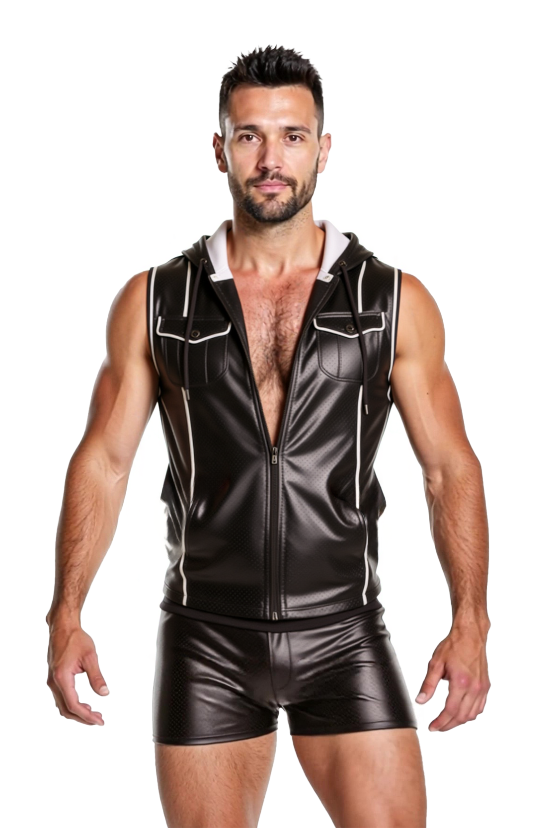 Mysteryglove Men's Black PU Leather Zip Hoodie with Shorts