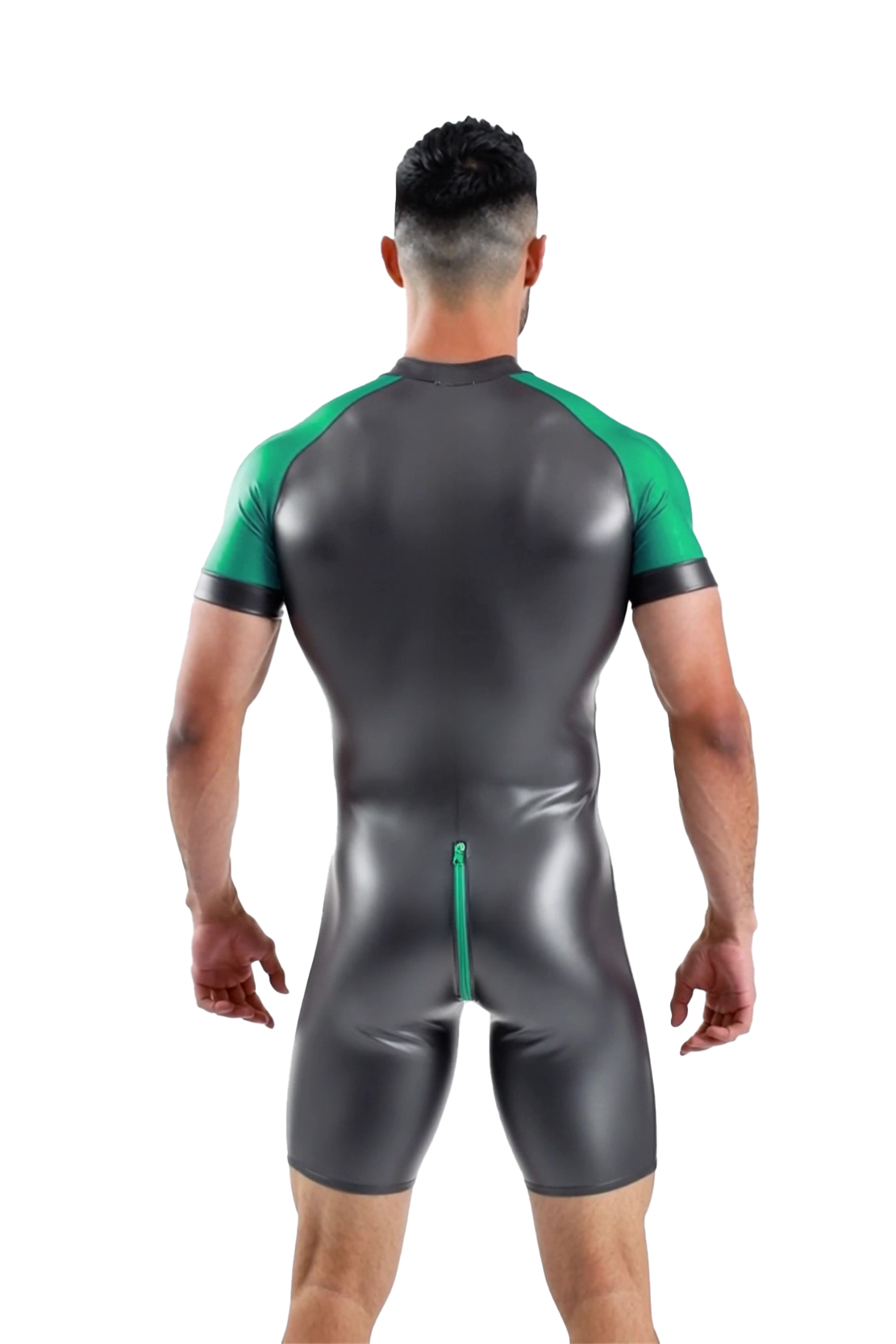  Mysteryglove Green PU Leather Bodysuit - Glossy Athletic Gear with Zipper