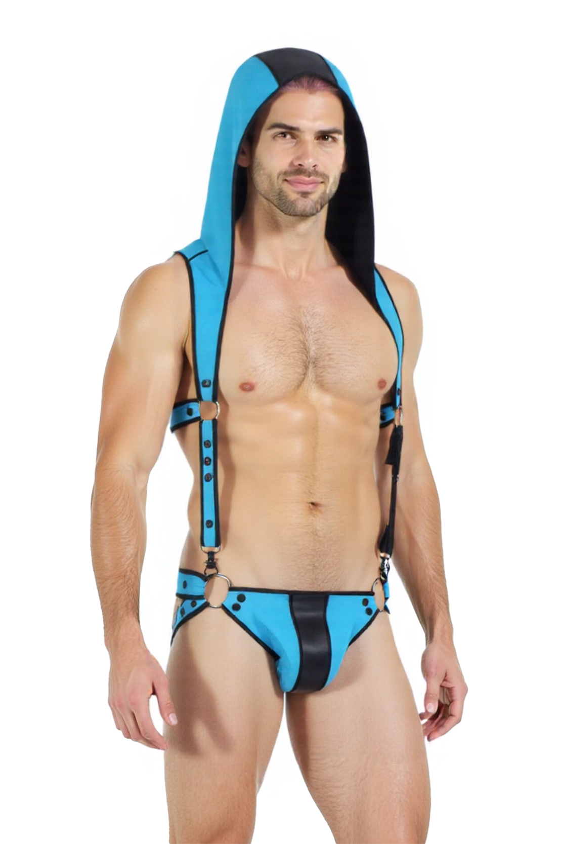 Mysteryglove Blue and Black Hooded Fetish Harness for Men