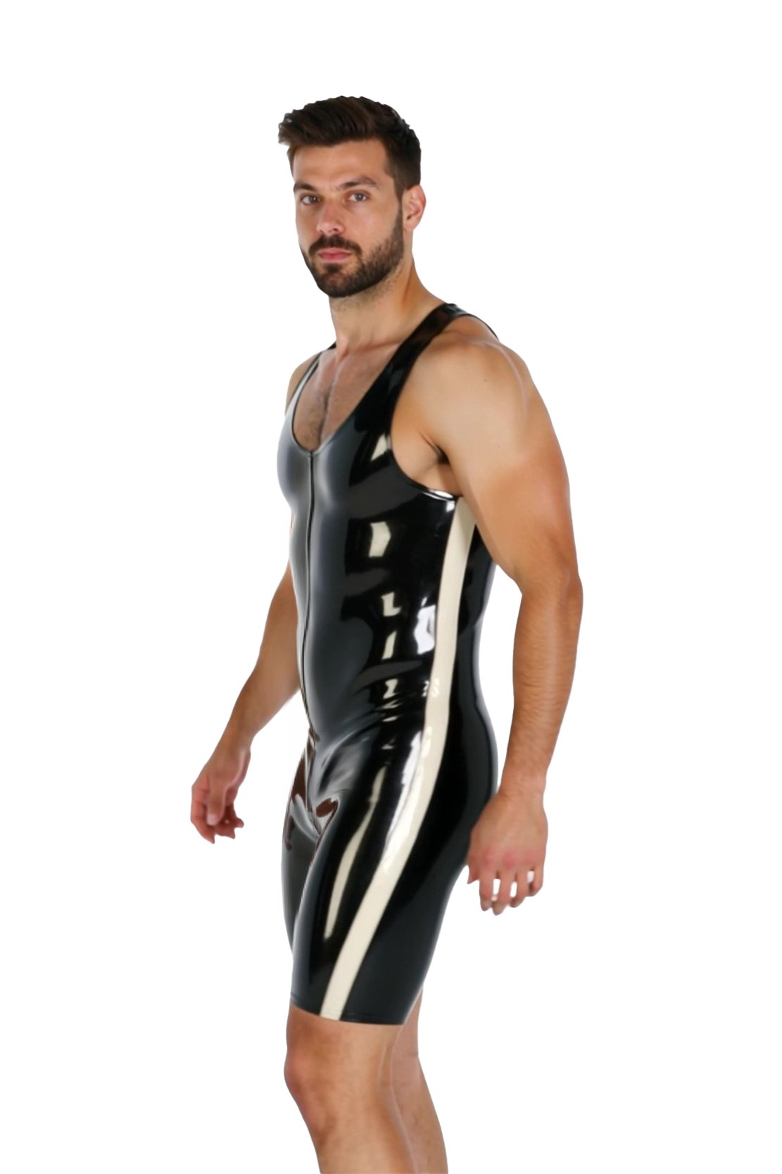 MysteryGlove Men's Wet Look PU Leather Wrestling Singlet with Zipper – Black / Red
