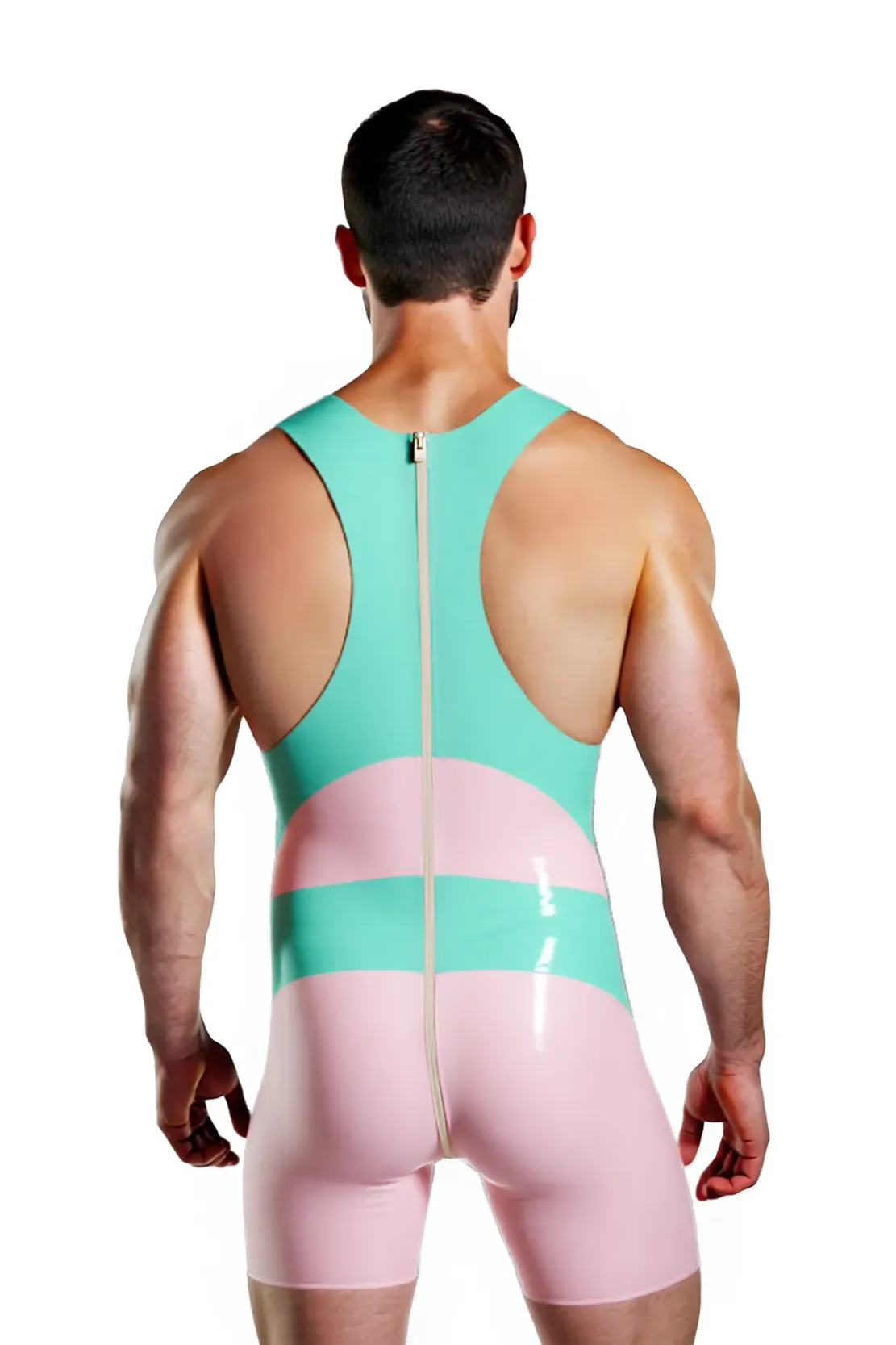 Mysteryglove Men's High-Gloss PU Leather V-Neck Singlet - Dynamic Color Block Bodysuit