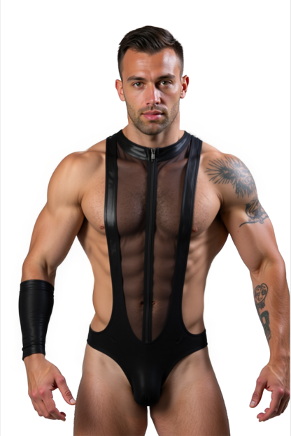 Mysteryglove Men's Sheer Mesh & PU Leather Bodysuit – Bold Zip-Up Fashion