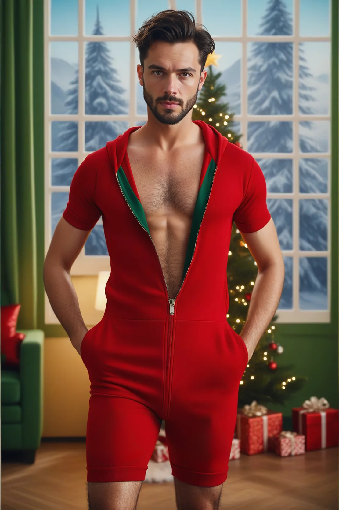 Mysteryglove Men's Red Holiday Zipper Romper