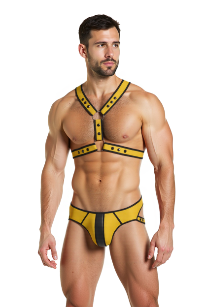 Mysteryglove Yellow & Black Pu Leather Strapped Briefs Set