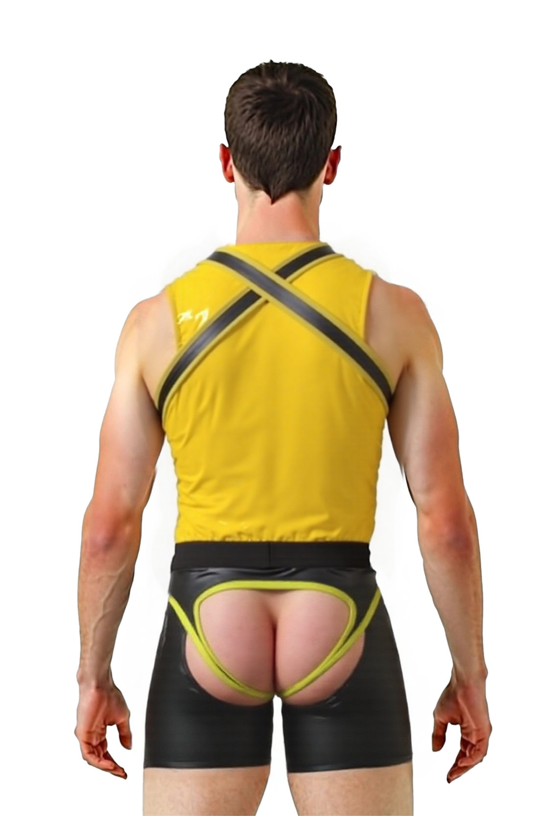 Mysteryglove Muscle Fit Yellow PU Leather Tank Top & Open Back Jock Shorts Set