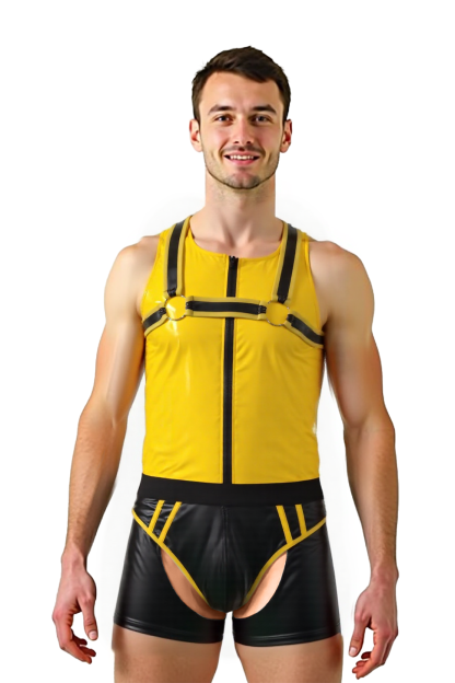 Mysteryglove Muscle Fit Yellow PU Leather Tank Top & Open Back Jock Shorts Set