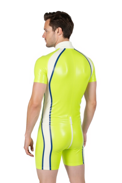 Mysteryglove Neon Yellow PU Leather Bodysuit with Blue and White Accents - Short Sleeve