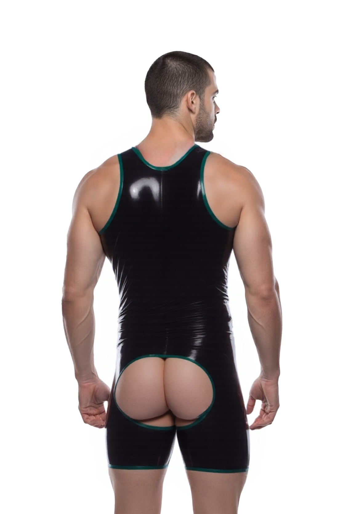 Mysteryglove Black PU Leather Bodysuit with Green Accents and Rear Cutout