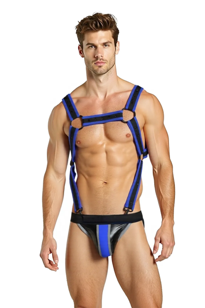 Mysteryglove PU Leather Men's Harness and Jockstrap Set – Blue and Black