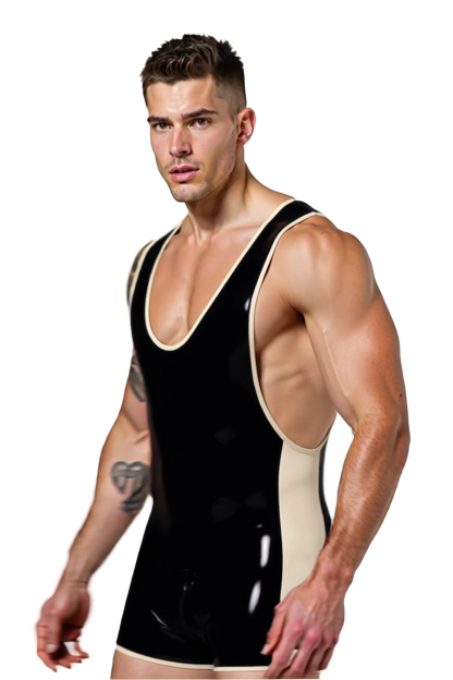 Mysteryglove Black PU Leather Singlet with Beige Accents
