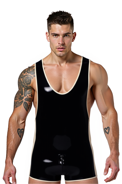 Mysteryglove Black PU Leather Singlet with Beige Accents