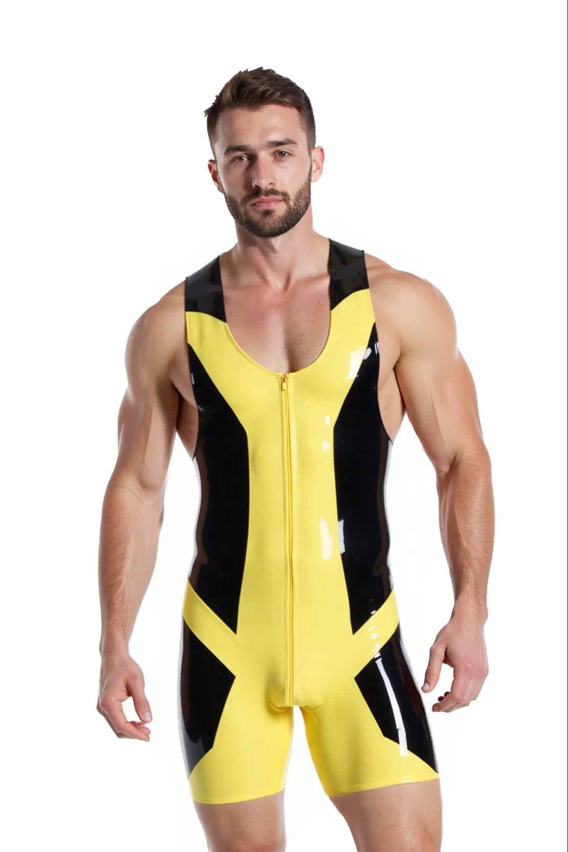 Mysteryglove Men's Yellow and Black PU Leather Wrestling Singlet with Front Zipper and Bold Design