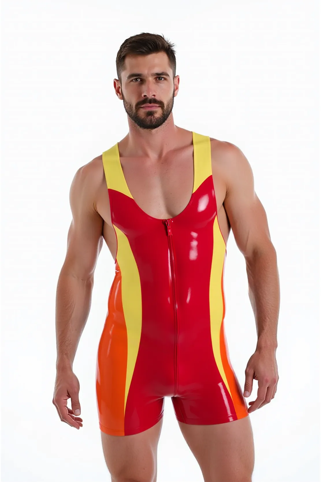 Mysteryglove Men's Red and Yellow PU Leather Wrestling Singlet with Bold Orange Side Panels