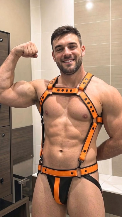 Mysteryglove Orange & Black PU Leather Harness Jockstrap Set, X-Back Ring Straps