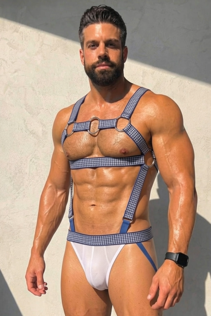 Mysteryglove Plaid Strap Harness Jockstrap Set, X-Back O-Ring + White Mesh Pouch + Blue Trim