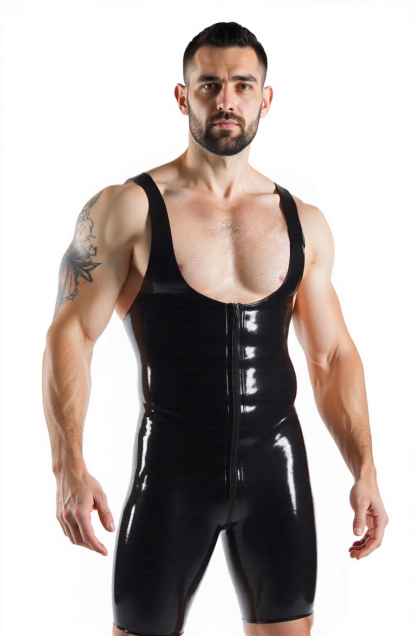 Mysteryglove Men’s PU Leather Wrestling Singlet – Glossy Black Body-Hugging Bodysuit