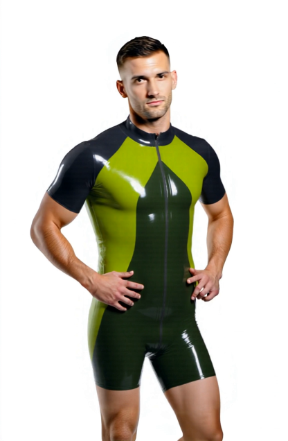 Mysteryglove Men's High-Shine PU Leather Bodysuit – Vibrant Green and Black with Bold Zipper