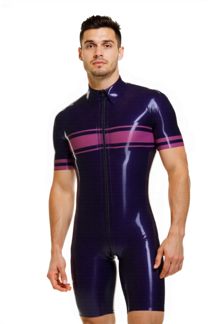 Mysteryglove Men’s Shiny Bodysuit – Short Sleeve Zipper Front Romper in Purple with Stripes