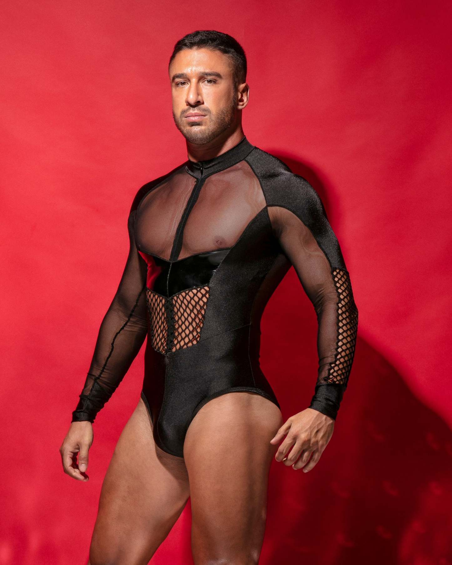 Men's Mesh Patchwork Bodysuit – Sleek and Edgy